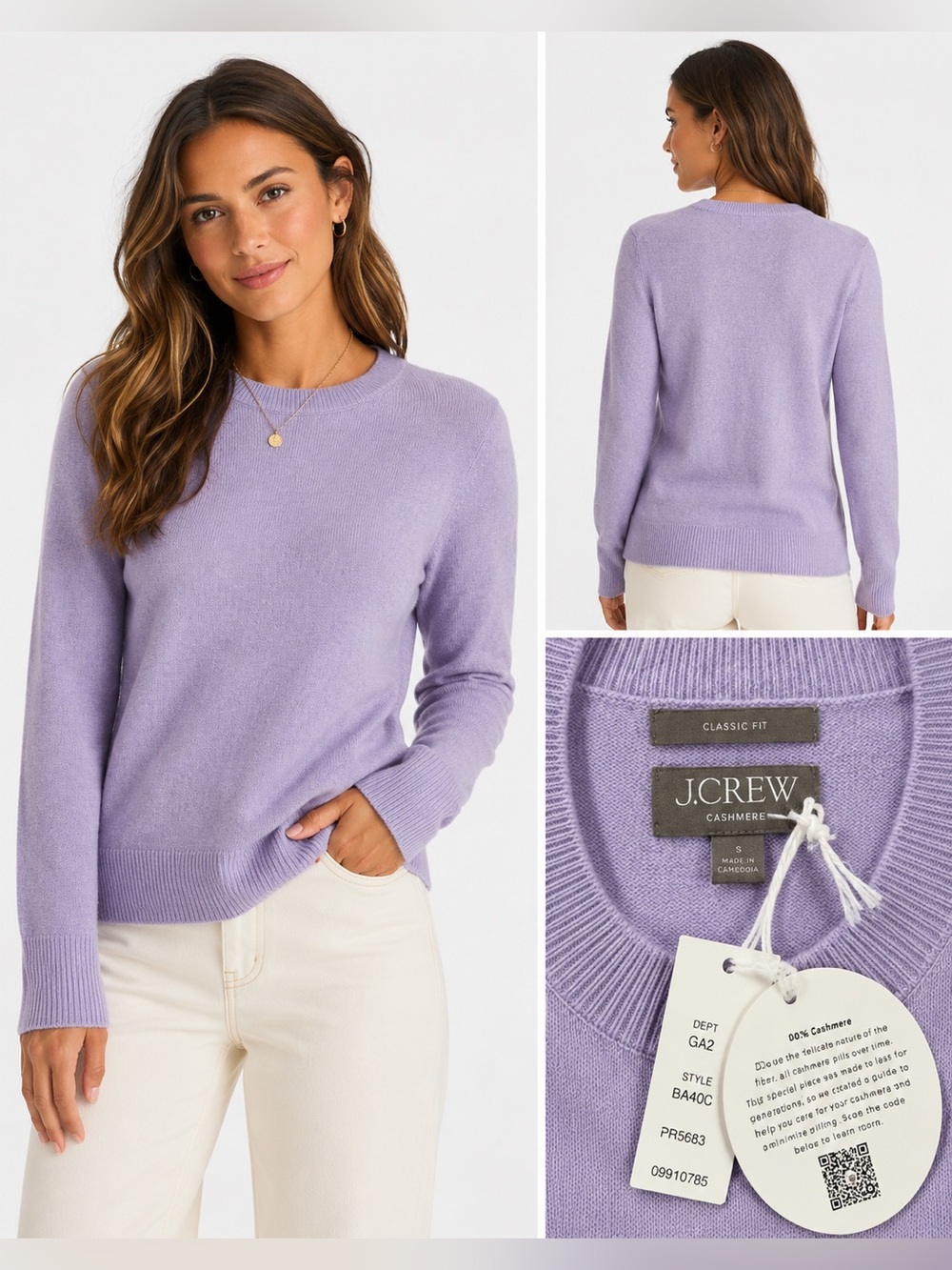 NWT J.Crew 100% Cashmere Classic Fit Crewneck Sweater Lilac Purple S